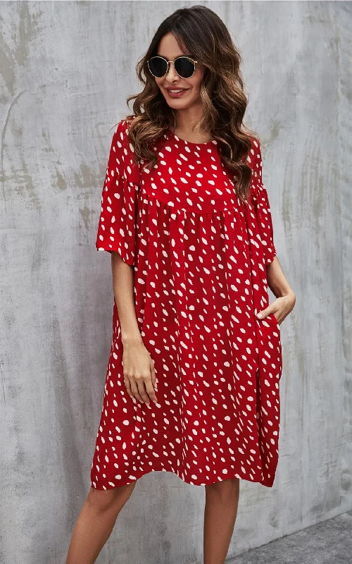 Plaid mini dresses for fall fashionWhite Dot Short Sleeve Smock Dress In Red