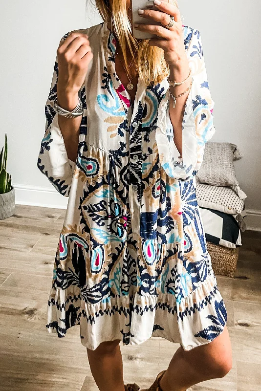 Floral print mini dresses for summer partiesWhite Printed Tribal Bracelet Sleeve Buttoned Mini Dress Floral print mini dresses for summer partiesWhite Printed Tribal Bracelet Sleeve Buttoned Mini Dress