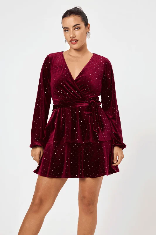 Mini dresses with tiered skirts for added volumeWine long sleeve Velvet Dress