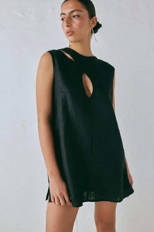 Sheer mini dresses with lace insertsYuri Linen Mini Dress Black