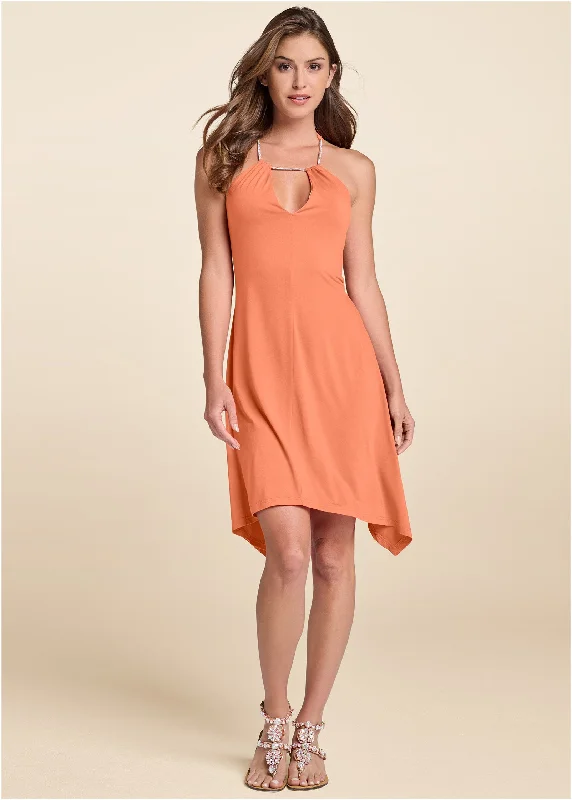 Polyester mini dresses for easy careKeyhole Detail A-Line Dress - Orange