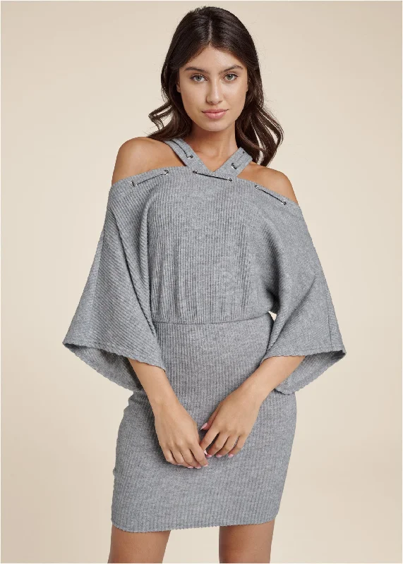 Mini dresses with polka dot patternsCold-Shoulder Ribbed Mini Dress - Heather Grey