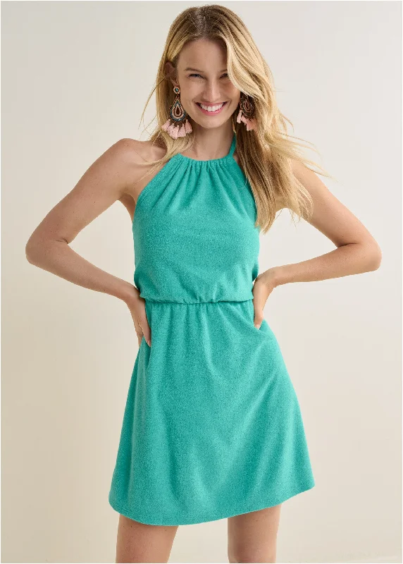Mini dresses with beaded embellishments for a fancy eventTerry Halter Mini Dress - Turquoise Mini dresses with beaded embellishments for a fancy eventTerry Halter Mini Dress - Turquoise
