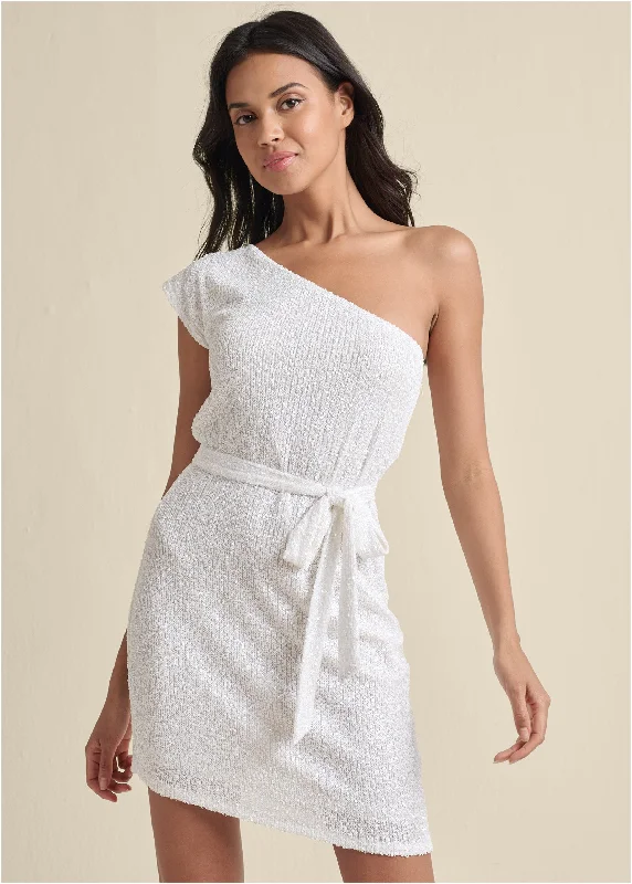 Mini dresses with tiered skirts for added volumeOne-Shoulder Sequin Dress - White