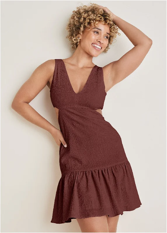 Printed mini dresses for a casual day outFluted Satin Mini Dress - Auburn