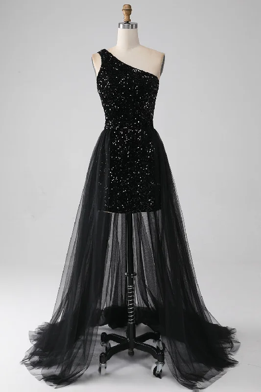 A - line cocktail dresses with floral embroidery for spring partiesA-Line Black One Shoulder Sequins Prom Dress