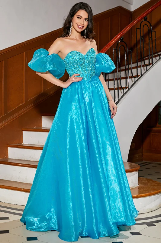 Cocktail dresses with a patchwork pattern and a mid - thigh lengthA-Line Blue Corset Prom Dress with Beading
