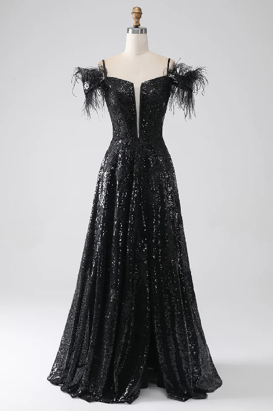 Cocktail dresses with an abstract print and a high - low hemlineA-Line Cold Shoulder Sequins Long Prom Dress with Slit