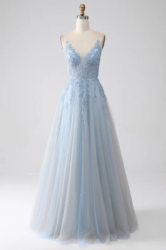 Cocktail dresses with a patchwork pattern and a mid - thigh lengthA-Line Spaghetti Straps Grey Blue Prom Dress with Beading