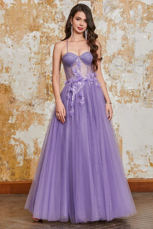 Mini cocktail dresses with a beaded bodice and a flirty A - line skirtA-Line Spaghetti Straps Purple Corset Prom Dress with 3D Flowers