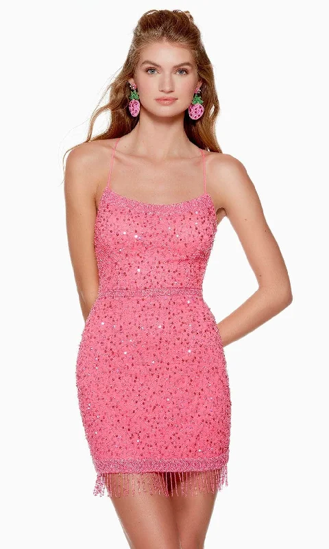 Cocktail dresses with a tiered skirt and a bow at the waistAlyce Paris 4680 - Fringed Hem Scoop Cocktail Dress