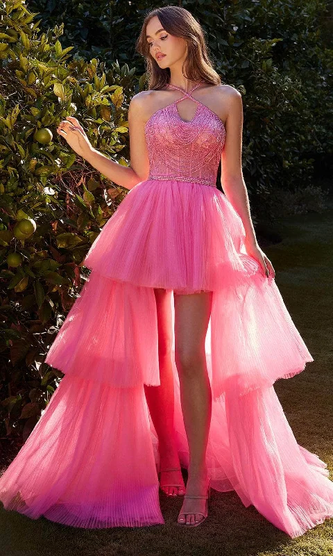 Cocktail dresses with a floral print and a peplum waistAndrea and Leo A1239 - Bead Swathe High Low Gown
