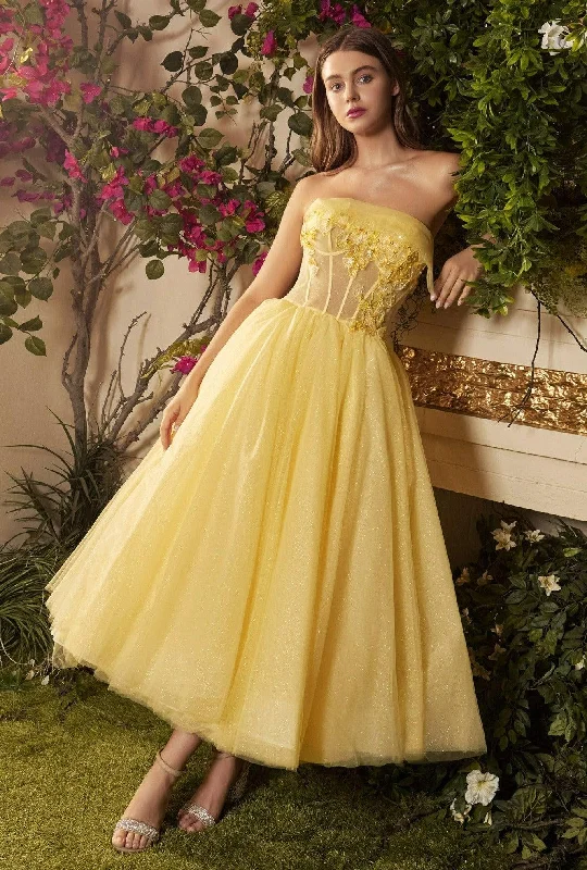 Sheer cocktail dresses with a lining and a short hemAndrea & Leo A1055 Strapless Tea Length Dress