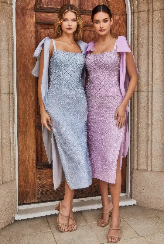 Bow - backed cocktail dresses with a fit - and - flare silhouetteAndrea & Leo A1110 Sleeveless Fitted Tea Length Dress