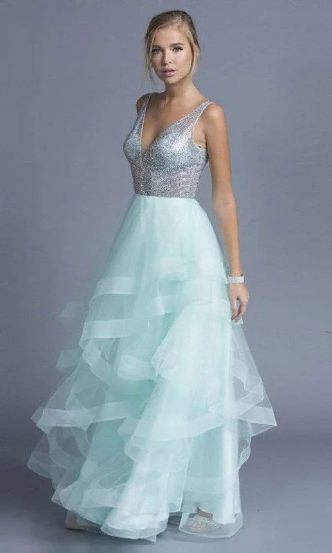 Prom dresses with tiered ruffled sleeves and satin skirts for a feminine and voluminous lookAspeed Design - L1974 Embellished V Neck Tulle A-Line Gown Prom dresses with tiered ruffled sleeves and satin skirts for a feminine and voluminous lookAspeed Design - L1974 Embellished V Neck Tulle A-Line Gown