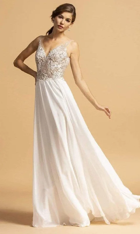 Formal dresses with embroidered panels and tulle overlays for a fairytale promAspeed Design - L2090 V-Neck Beaded A-Line Dress