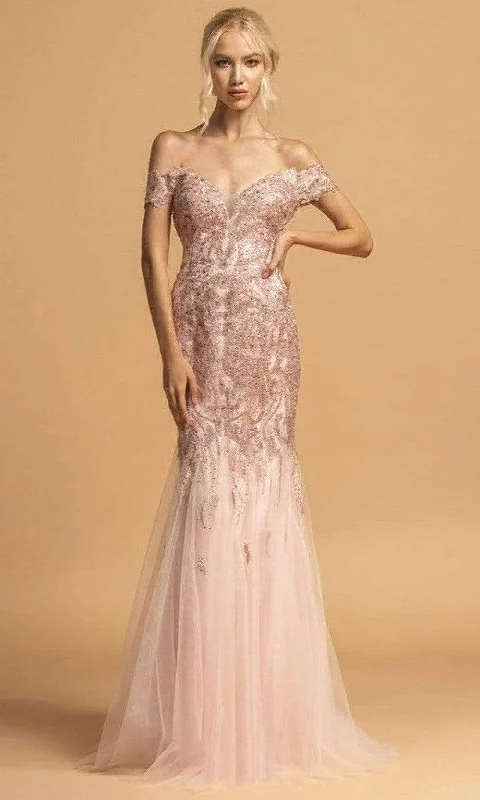 Prom dresses with lace - trimmed sleeves and empire - style waists for a flattering and vintage - inspired formal affairAspeed Design - L2091 Embroidered Off Shoulder Tulle Gown