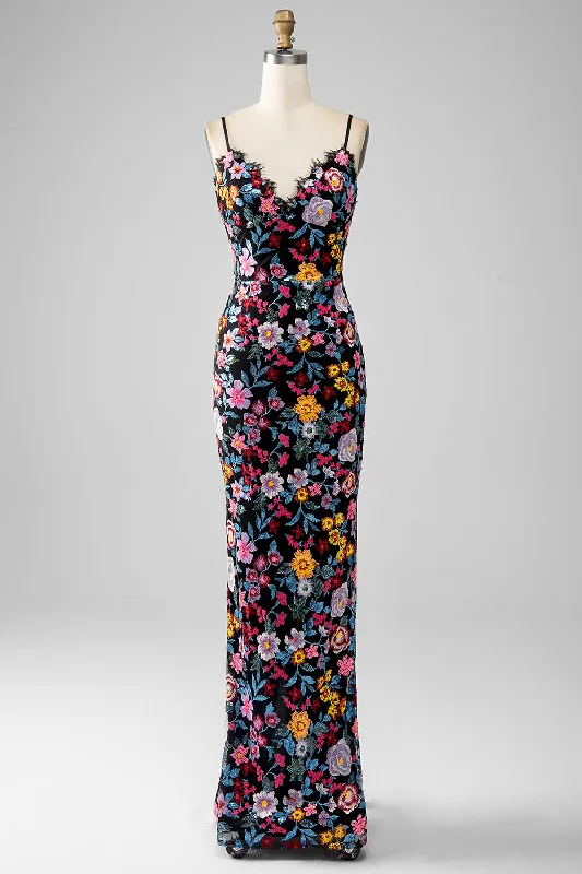 Satin cocktail dresses with a high - low hem for a modern touchBlack Floral Mermaid Spaghetti Straps Long Prom Dress With Embroidery Satin cocktail dresses with a high - low hem for a modern touchBlack Floral Mermaid Spaghetti Straps Long Prom Dress With Embroidery
