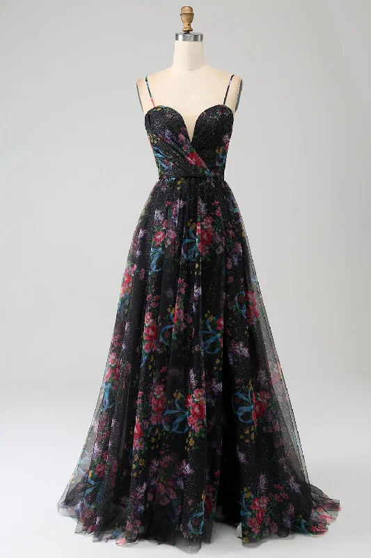 A - line cocktail dresses with floral embroidery for spring partiesBlack Printed Spaghetti Straps A Line Prom Dress with Slit