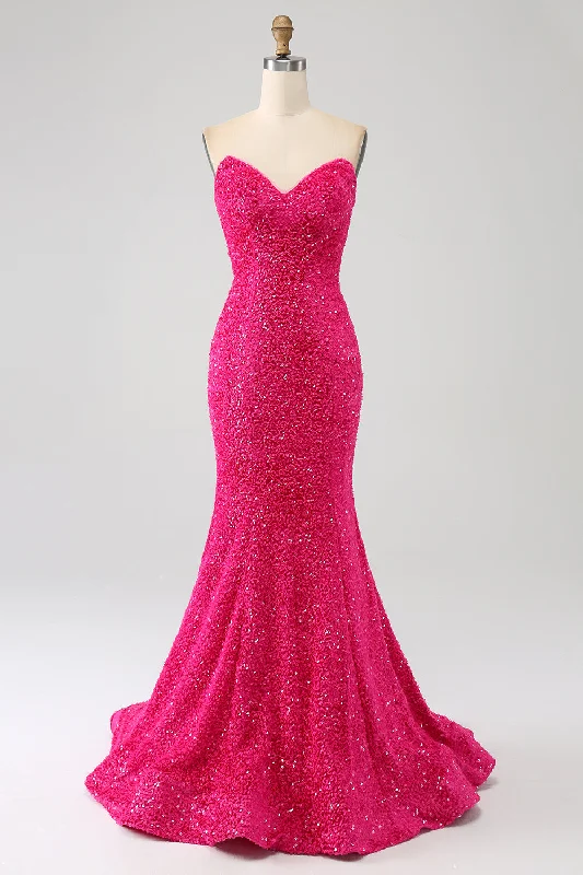 Cocktail dresses with a floral print and a peplum waistBling Mermaid Sweetheart Hot Pink Sequins Long Prom Dress
