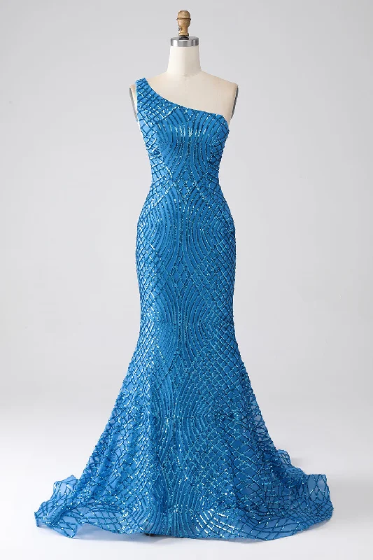 Mini cocktail dresses with a cold - shoulder ruffled sleeveBlue Mermaid One Shoulder Sequins Long Prom Dress