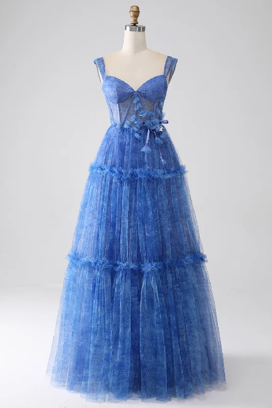 Sheer cocktail dresses with a lining and a short hemBlue Printed A Line Tulle Corset Prom Dress