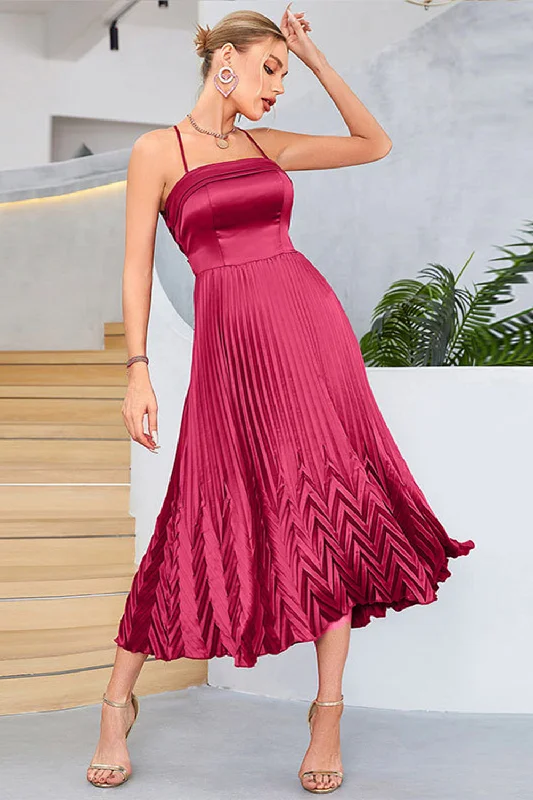Ruffled cocktail dresses with a knee - length hem for a feminine appealBurgundy A-Line Spaghetti Straps Pleated Tea-Length Evening Dress