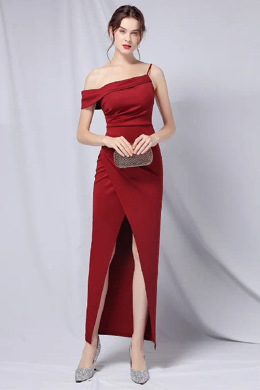 Cocktail dresses with a tassel - adorned belt and a sheath styleBurgundy One Shoulder Prom Dress with Slit