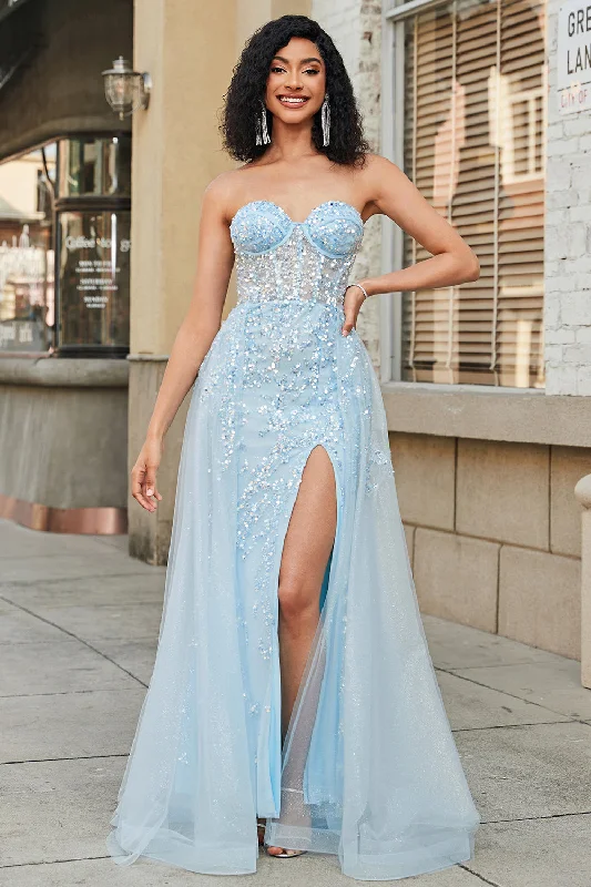 Cocktail dresses with a fringe detail and a sleeveless designCharming A Line Sweetheart Blue Corset Prom Dress with Beading Slit