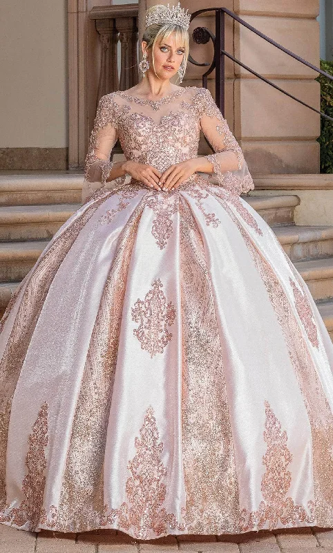 Sleeveless formal dresses with sequined straps and a - line skirts for a classic formal eventDancing Queen 1665 - Bell Sleeve Ornate Quinceanera Ballgown