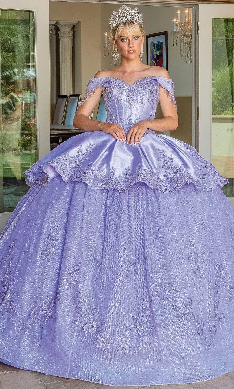 Formal dresses with button - front designs and tulle skirts for a charming prom styleDancing Queen 1679 - Off Shoulder Corset Quinceanera Ballgown