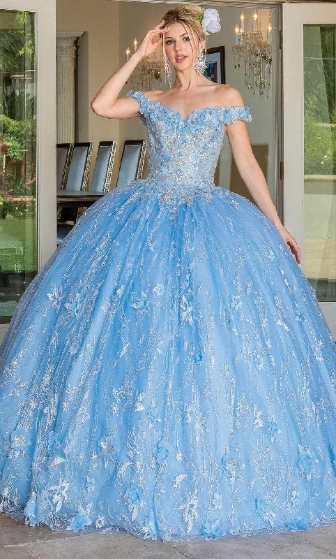 Formal dresses with cold - shoulder ruffled sleeves and floral prints for a romantic and trendy formal styleDancing Queen 1694 - Floral Ornate Quinceanera Ballgown