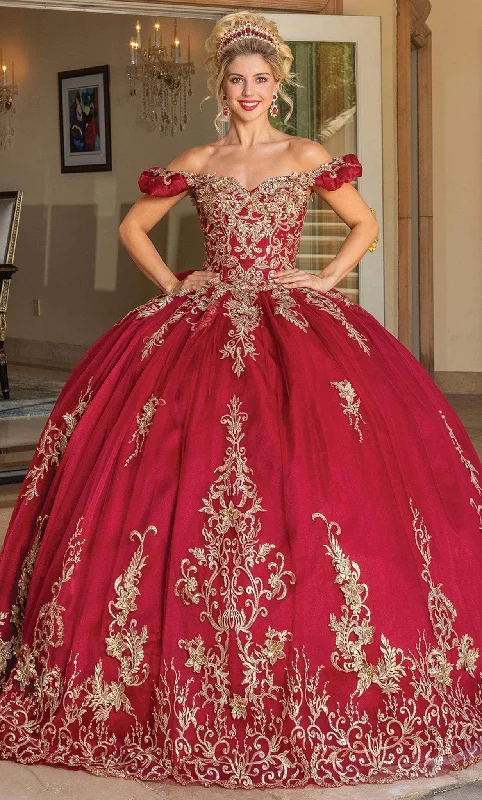 Prom dresses with tiered ruffled sleeves and satin skirts for a feminine and voluminous lookDancing Queen 1697 - Puff Off Shoulder Quinceanera Ballgown