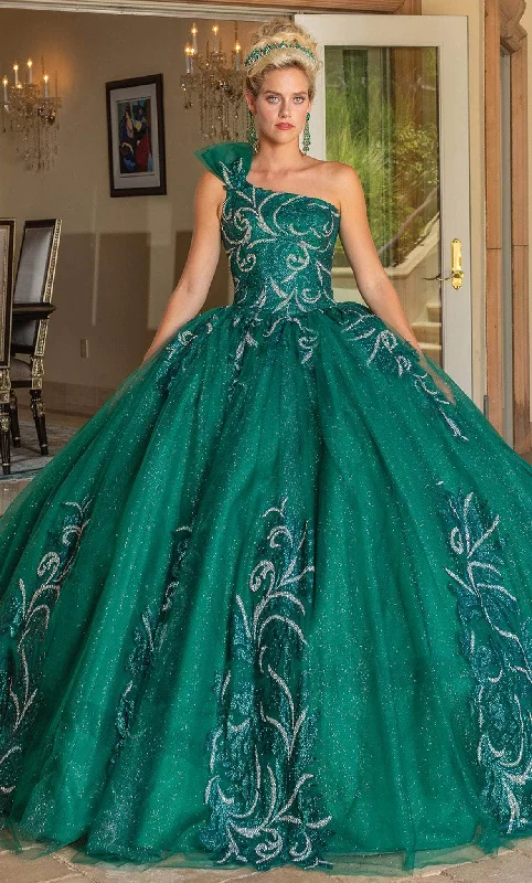 Formal dresses with embroidered panels and tulle overlays for a fairytale promDancing Queen 1733 - Bow One Shoulder Quinceanera Ballgown Formal dresses with embroidered panels and tulle overlays for a fairytale promDancing Queen 1733 - Bow One Shoulder Quinceanera Ballgown