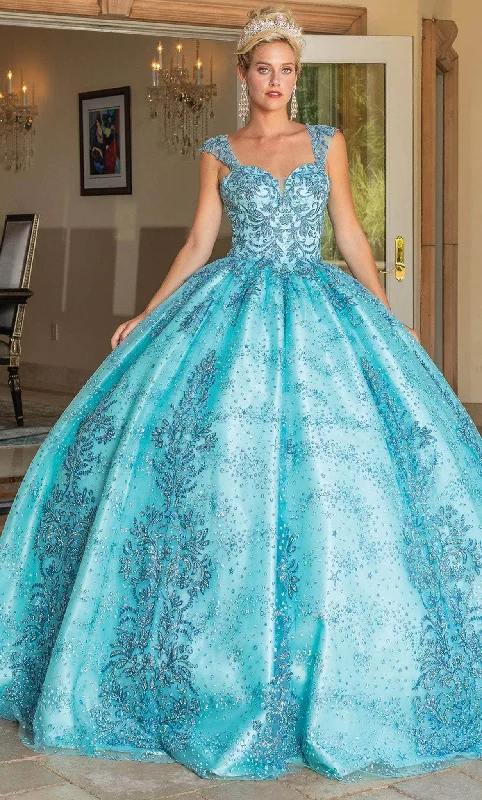 Formal dresses with ruffled skirts and bow accents for a charming prom appearanceDancing Queen 1784 - Cap Sleeve Glitter Quinceanera Ballgown