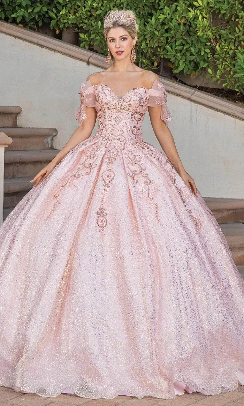 Formal dresses with one - shoulder ruffled straps and sequined bodices for a trendy and eye - catching lookDancing Queen 1804 - Bow Sequin Quinceanera Ballgown