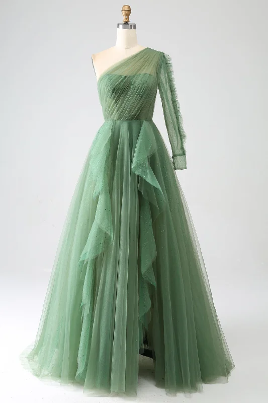 Long - cocktail dresses with a slit and a fitted bodiceDark Green A-Line One-Shoulder Long Prom Dress With Long Sleeves