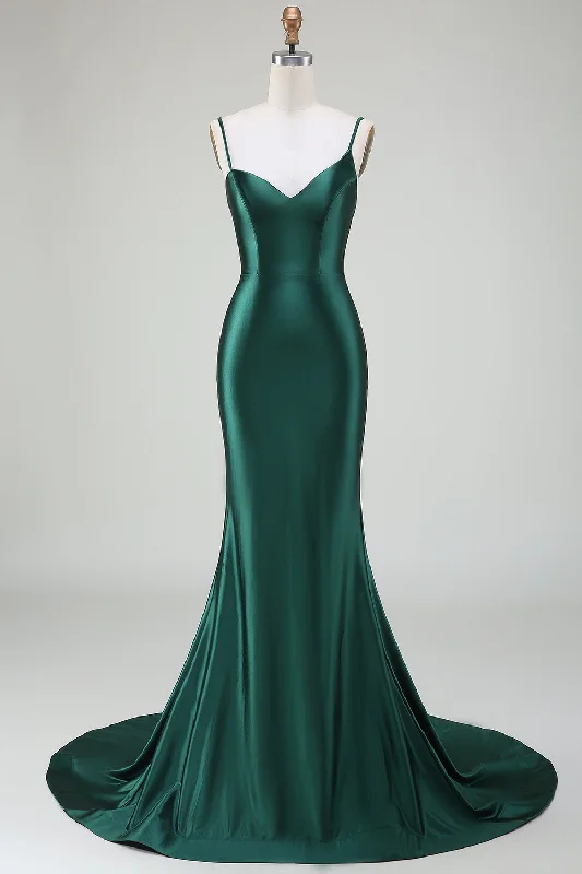 Mini cocktail dresses with a tiered ruffled skirt and a scoop neckDark Green Mermaid Spaghetti Straps Sweep Train Prom Dress