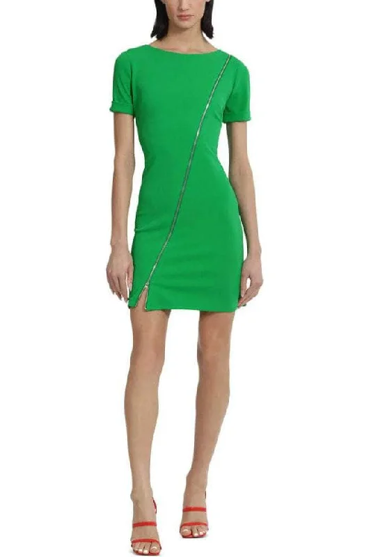 Mini cocktail dresses with a beaded bodice and a flirty A - line skirtDonna Morgan D8385M - Short Sleeve Zipper Accented Cocktail Dress