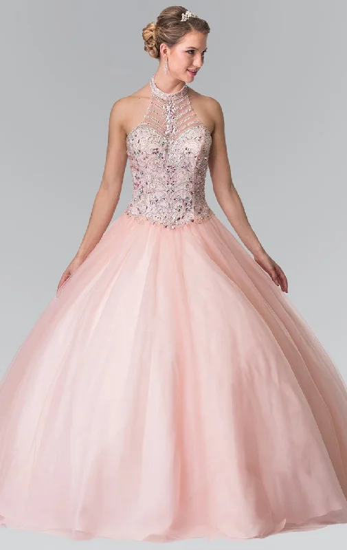 Formal dresses with gathered bodices and wide - leg skirts for a comfortable and stylish silhouetteElizabeth K - GL2308 Beaded Halter Neck Tulle Ballgown