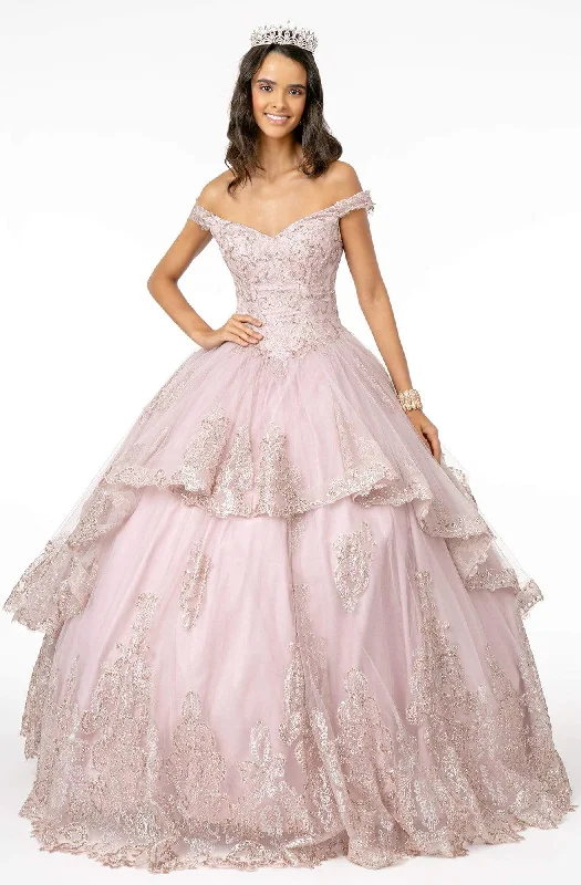A - line formal dresses with beaded lace appliques for formal eventsElizabeth K - GL1819 Glitter Lace Appliqued Off Shoulder Ballgown
