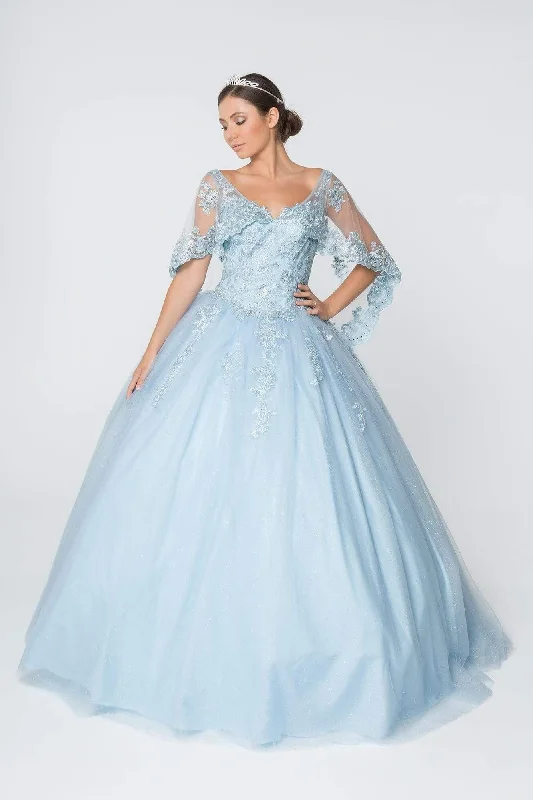 Formal dresses with abstract print panels and rhinestone embellishments for a unique formal eventElizabeth K - GL2800 Sheer Cape Sleeve Appliqued Glitter Ballgown