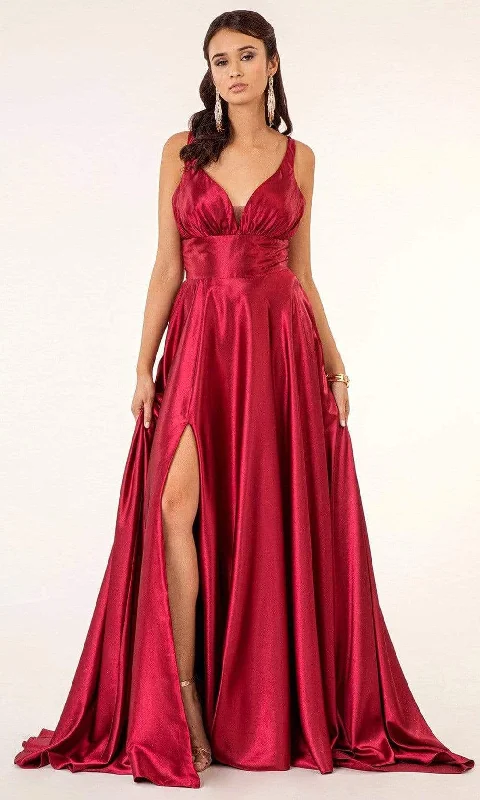 Formal dresses with tiered lace skirts and off - the - shoulder necklines for a feminine and elegant formal appearanceElizabeth K - GL2963 Deep V-Neck Satin A-Line Dress with Slit Formal dresses with tiered lace skirts and off - the - shoulder necklines for a feminine and elegant formal appearanceElizabeth K - GL2963 Deep V-Neck Satin A-Line Dress with Slit