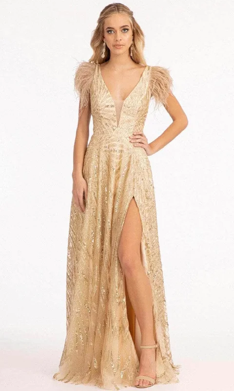 Formal dresses with abstract print panels and rhinestone embellishments for a unique formal eventElizabeth K GL3046 - Feather Sleeves A-Line Dress