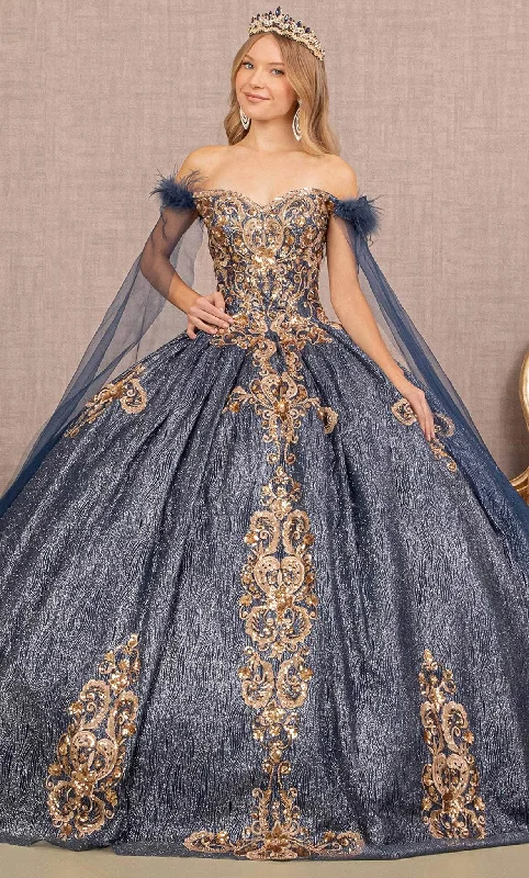 Formal dresses with one - shoulder ruffled straps and sequined bodices for a trendy and eye - catching lookElizabeth K GL3107 - Feathered Cape Quinceanera Ballgown