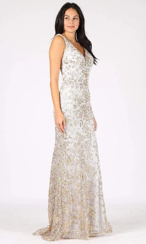 Formal dresses with fringe - trimmed sleeves and wrap - around styles for a bohemian - inspired formal eventEureka Fashion - 9706 Floral Glittery Sheath Dress