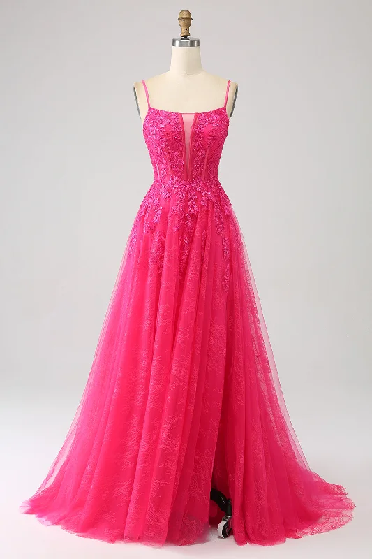 Cocktail dresses with a velvet - trimmed collar and a short skirtFuchsia A-Line Corset Lace Long Prom Dress with Slit