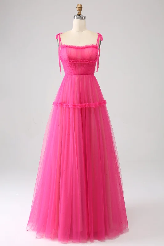 Cocktail dresses with a pleated skirt and a square necklineFuchsia A-Line Ruffled Long Tulle Prom Dress
