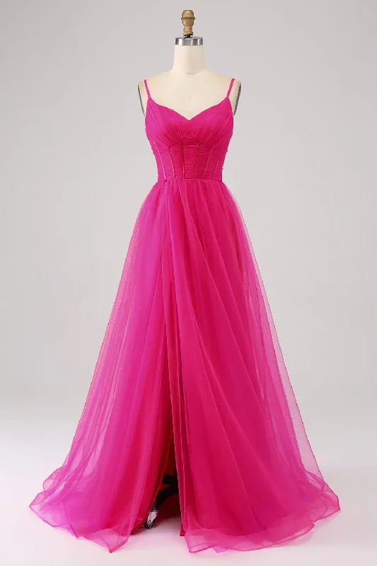 Cocktail dresses with a wrap - front style and a long - length optionFuchsia A-Line Spaghetti Straps Long Corset Prom Dress with Slit