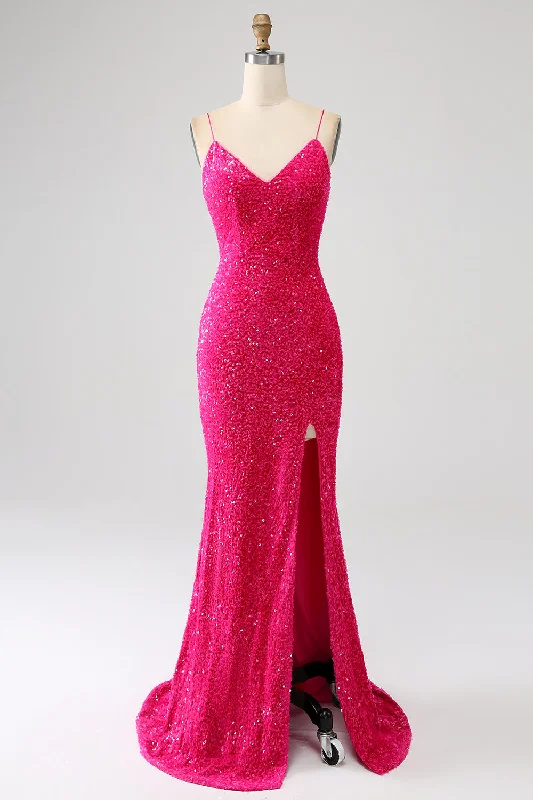 Strapless cocktail dresses with a sweetheart neckline and a full skirtFuchsia Mermaid Spaghetti Straps V-Neck Sequin Prom Dress With Split